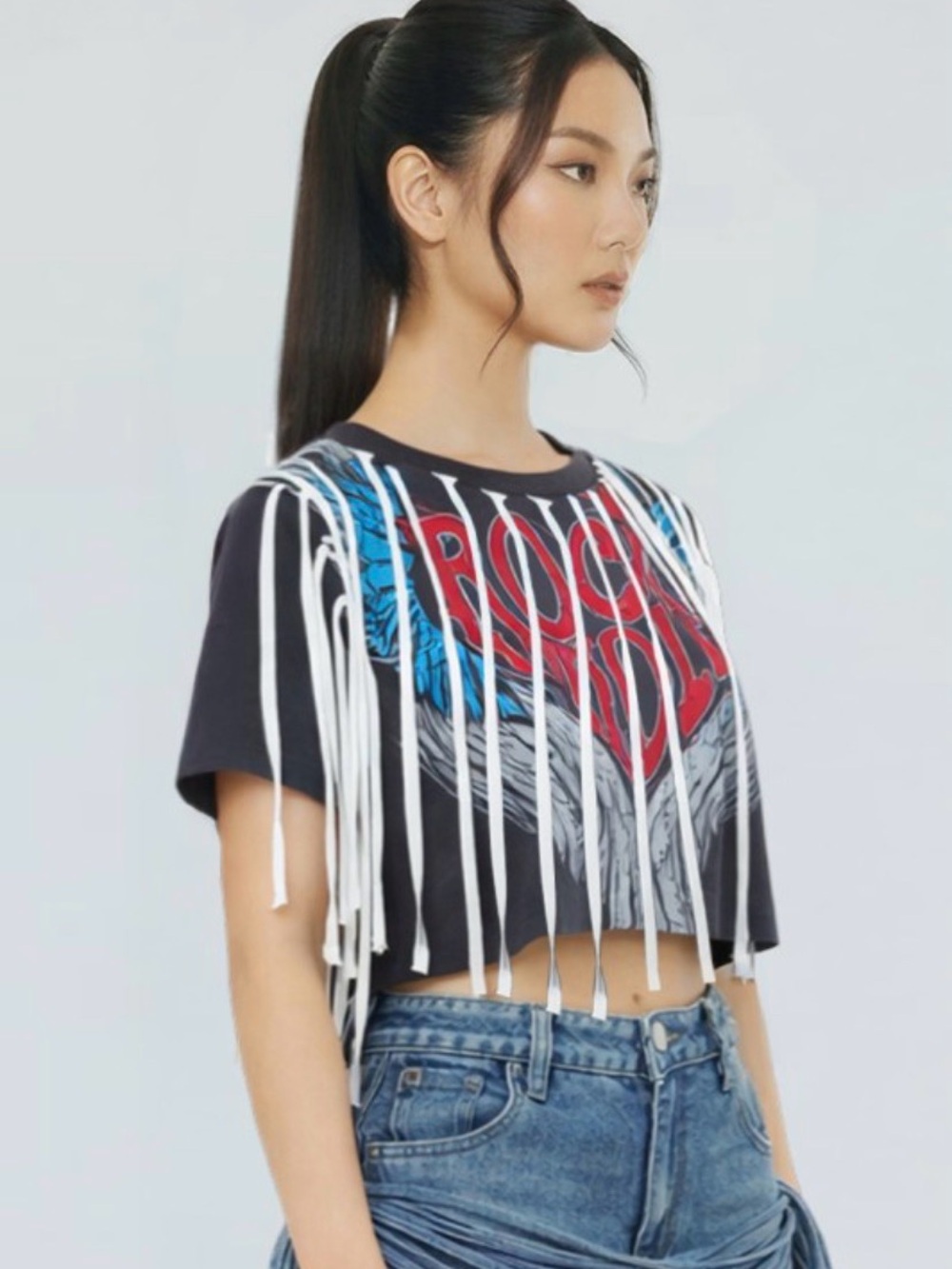 Fringed Graphic Crop Tee in Charcoal with Red & Blue Detail - Picture 2 of 4